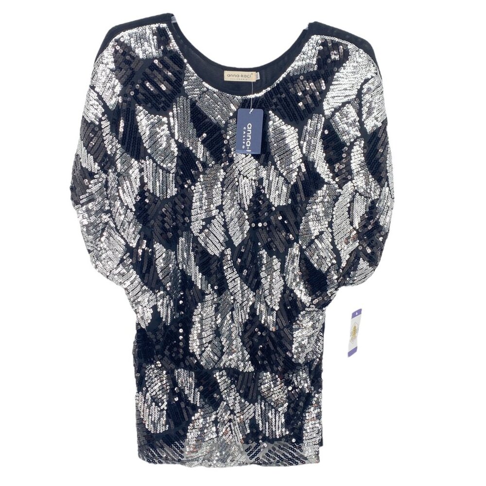 NWT Anna-Kaci Sparkle Shine Collection Womens XXL Top Black Silver Sequin